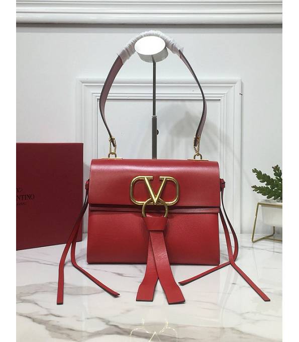 Valentino Vring Red Original Plain Veins Calfskin Small Shoulder Bag Golden Logo