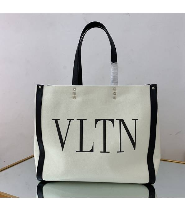 Valentino White Canvas With Black Original Calfskin Leather 37cm Shopping Tote Bag