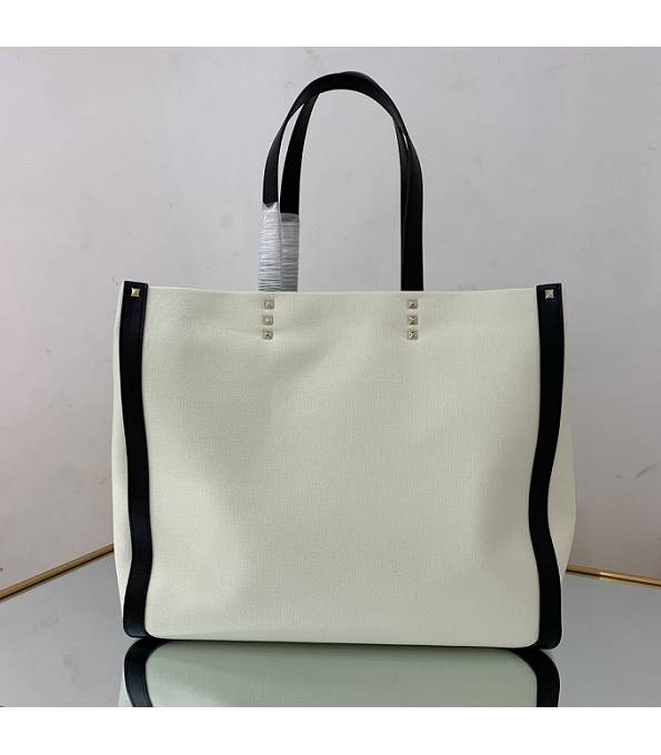 Valentino White Canvas With Black Original Calfskin Leather 37cm Shopping Tote Bag-1