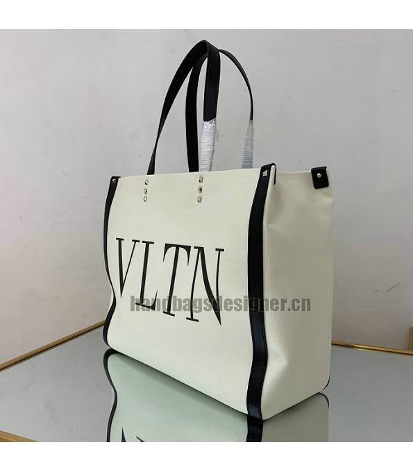 Valentino White Canvas With Black Original Calfskin Leather 37cm Shopping Tote Bag-3