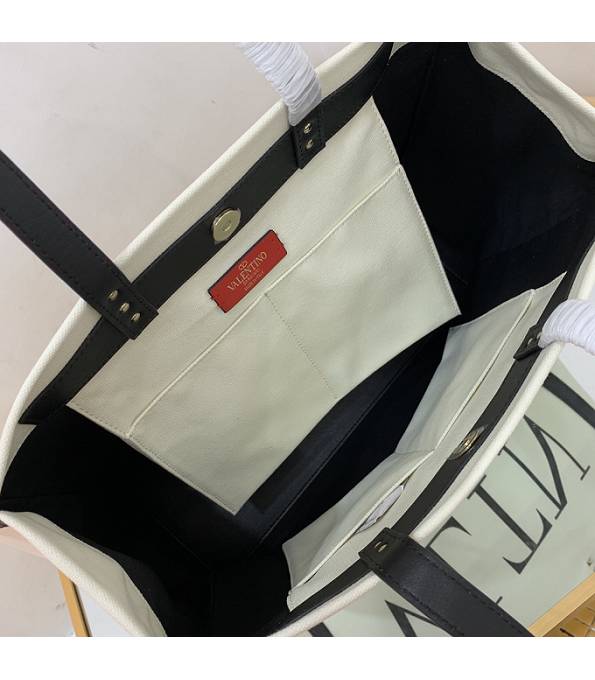 Valentino White Canvas With Black Original Calfskin Leather 37cm Shopping Tote Bag-5