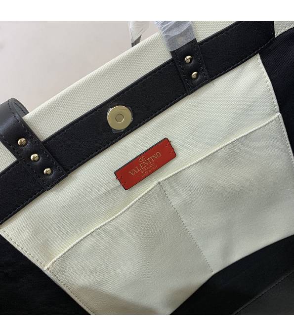 Valentino White Canvas With Black Original Calfskin Leather 37cm Shopping Tote Bag-7