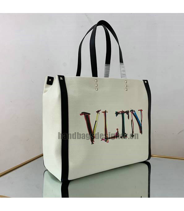Valentino White Canvas With Black Original Calfskin Leather 37cm Shopping Tote Bag-2