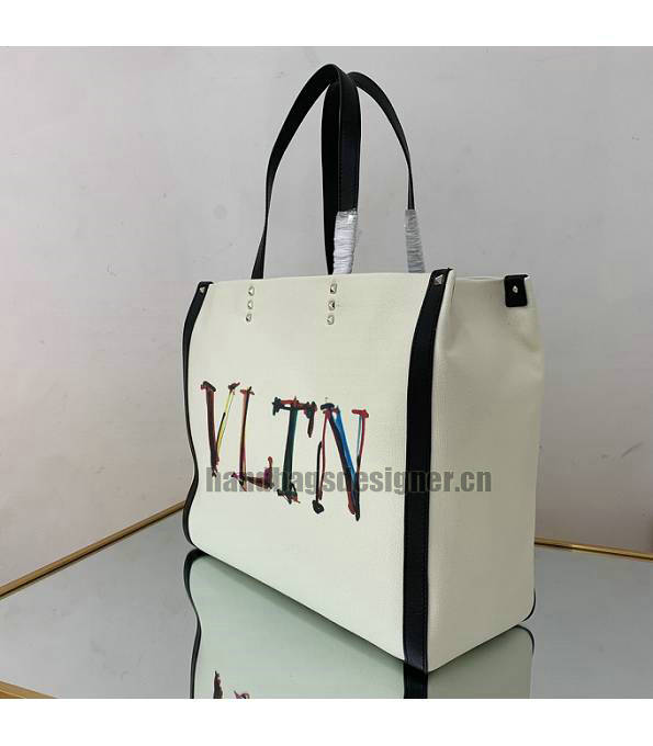 Valentino White Canvas With Black Original Calfskin Leather 37cm Shopping Tote Bag-3