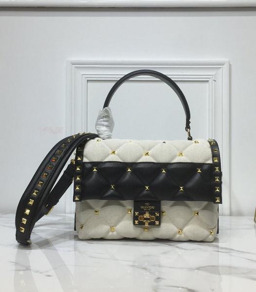 Valentino White Canvas With Black Original Lambskin Leather Tote Bag Golden Rivets