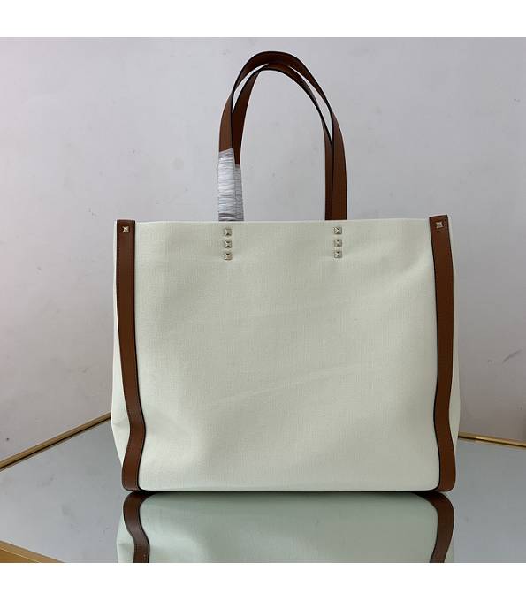 Valentino White Canvas With Brown Original Calfskin Leather 37cm Shopping Tote Bag-1