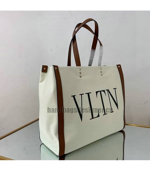 Valentino White Canvas With Brown Original Calfskin Leather 37cm Shopping Tote Bag-2
