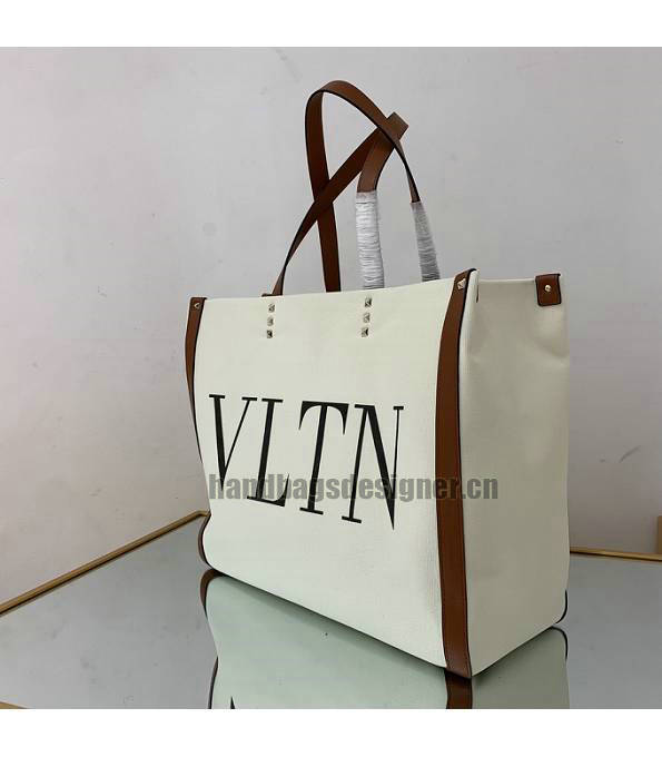 Valentino White Canvas With Brown Original Calfskin Leather 37cm Shopping Tote Bag-3