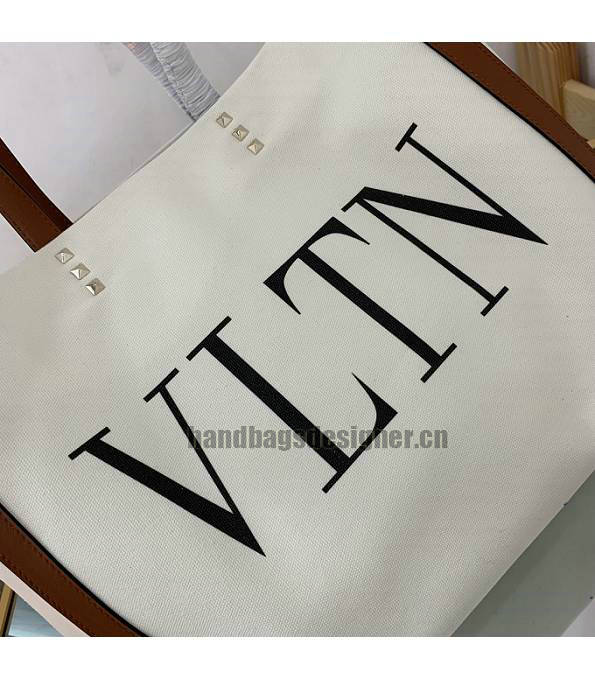 Valentino White Canvas With Brown Original Calfskin Leather 37cm Shopping Tote Bag-4