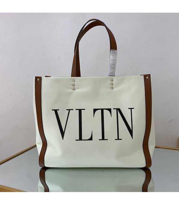 Valentino White Canvas With Brown Original Calfskin Leather 37cm Shopping Tote Bag