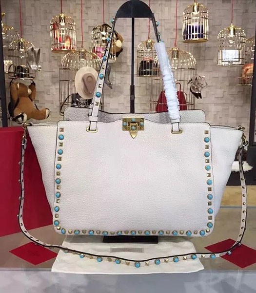 Valentino White Leather Rockstud Turquoise Tote Bag Golden Nail