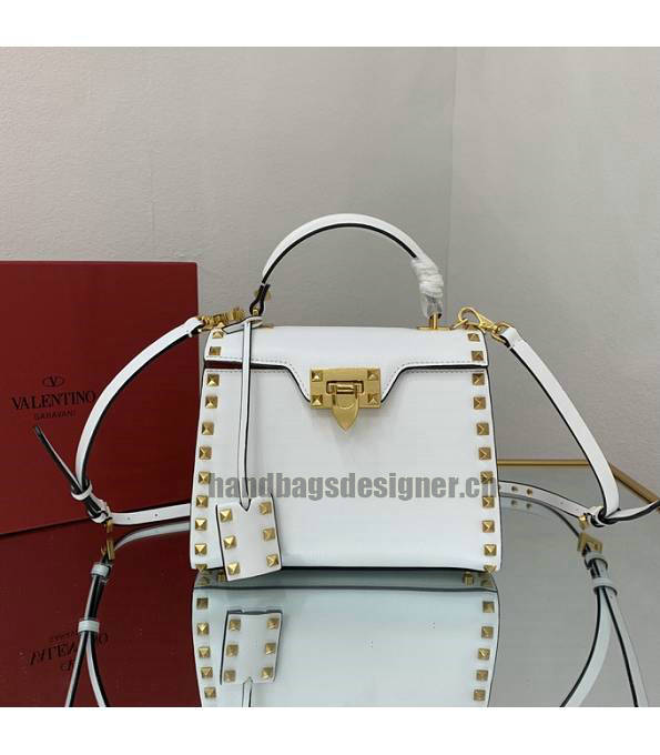 Valentino White Original Grainy Calfskin Garavani Rockstud Small Alcove Handbag-4