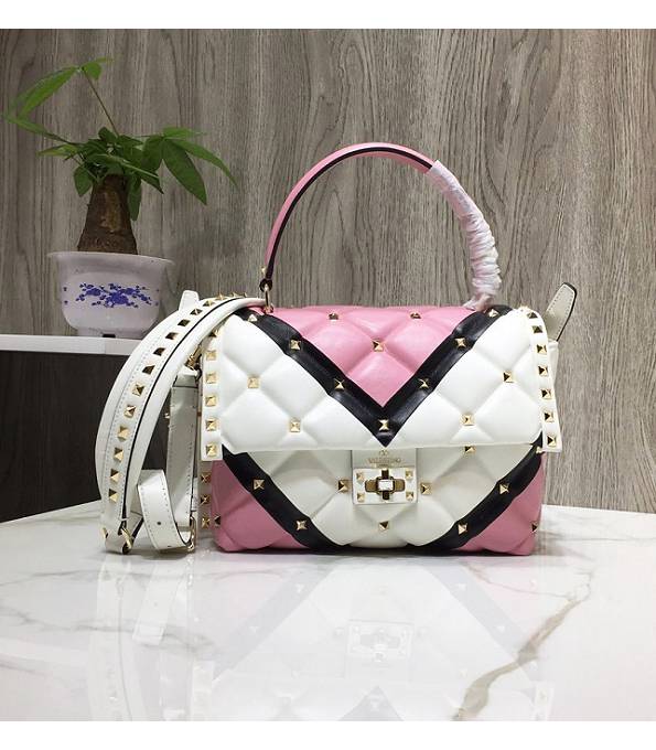 Valentino White/Pink Original Lambskin Leather Tote Bag Golden Rivets