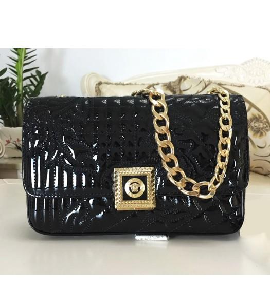 Versace Embroidered Cow Patent Leather Shoulder Bag Black