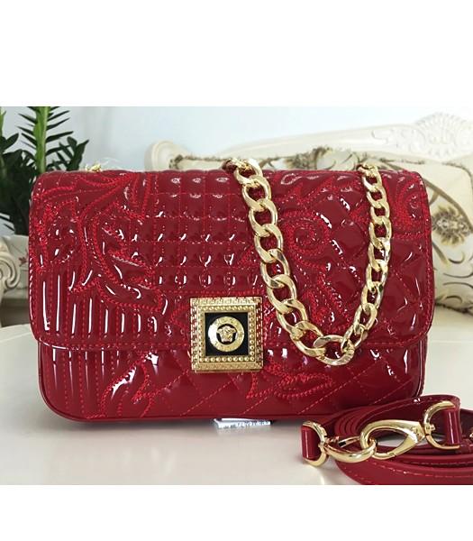 Versace Embroidered Cow Patent Leather Shoulder Bag Wine Red-1