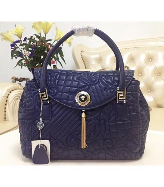 Versace Embroidered Lambskin Top Handle Bag 2823 In Sapphire Blue