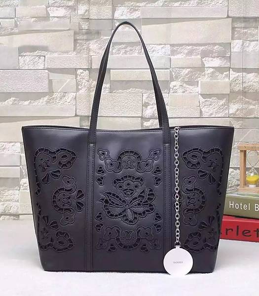 Versace Original Calfskin Leather Flower Printed Tote Bag Black