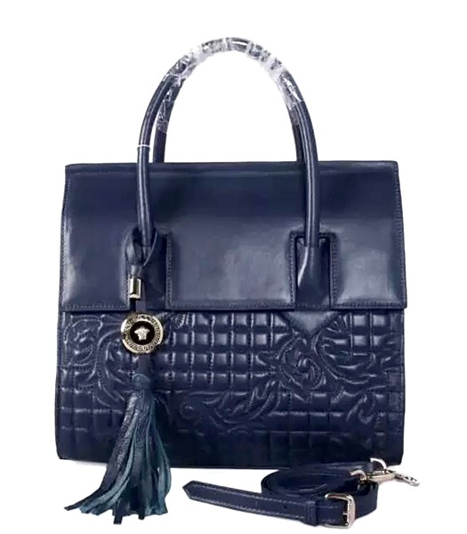 Versace The Newest Embroidered Top Handle Bag 2856 In Sapphire Blue