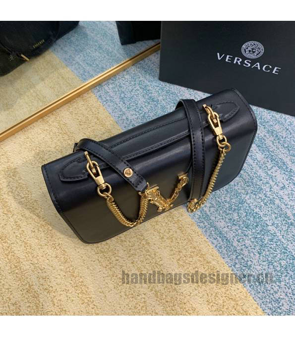 Versace Virtus Black Original Plain Veins Leather Golden Metal Shoulder Bag-2