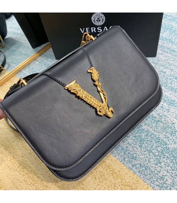 Versace Virtus Black Original Plain Veins Leather Golden Metal Shoulder Bag-3