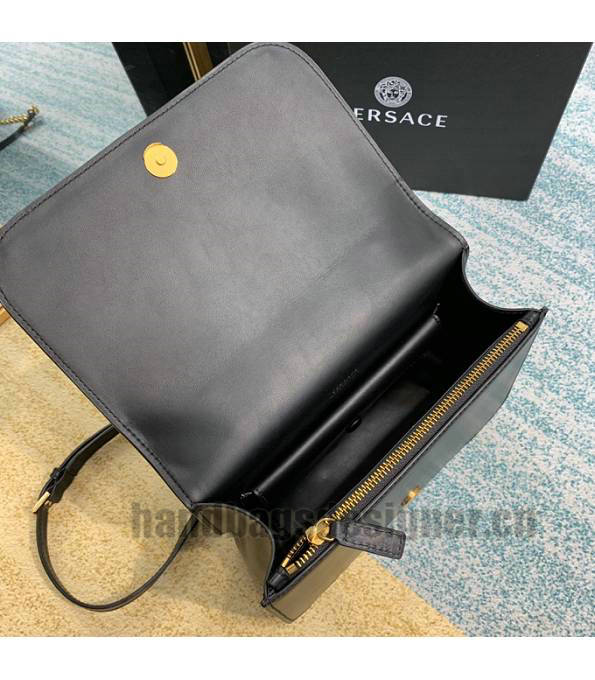 Versace Virtus Black Original Plain Veins Leather Golden Metal Shoulder Bag-7