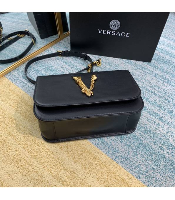 Versace Virtus Black Original Plain Veins Leather Golden Metal Shoulder Bag-8