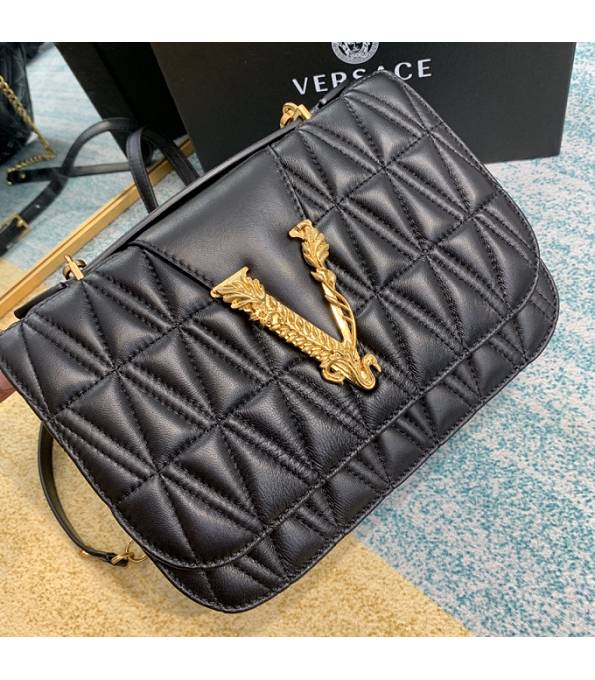 Versace Virtus Black Original Quilted Leather Golden Metal Shoulder Bag-3
