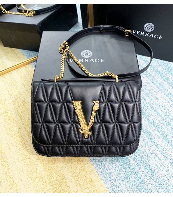 Versace Virtus Black Original Quilted Leather Golden Metal Shoulder Bag