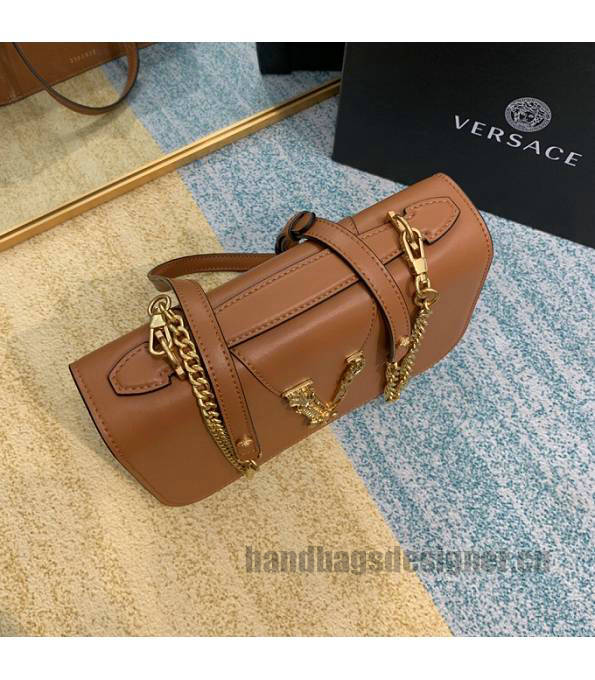 Versace Virtus Brown Original Plain Veins Leather Golden Metal Shoulder Bag-2