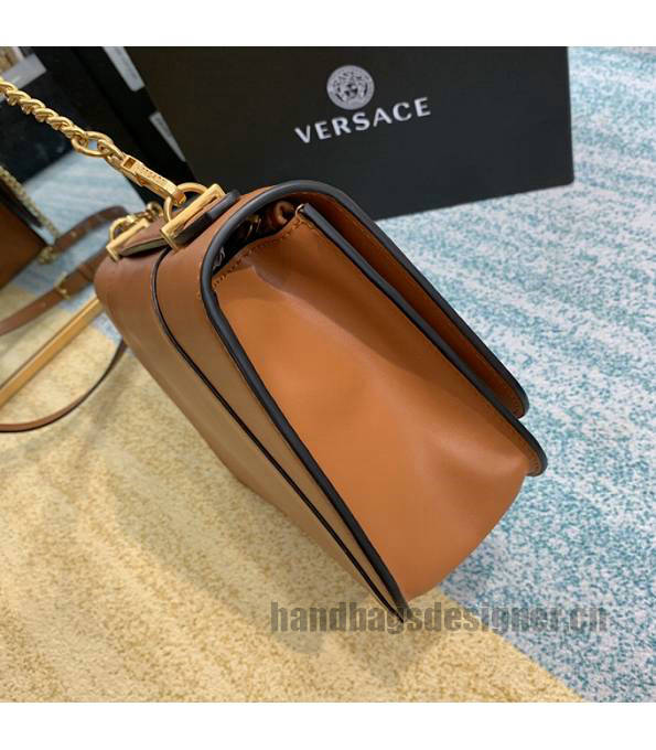 Versace Virtus Brown Original Plain Veins Leather Golden Metal Shoulder Bag-4