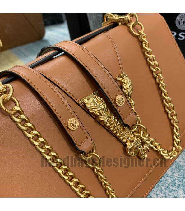 Versace Virtus Brown Original Plain Veins Leather Golden Metal Shoulder Bag-5