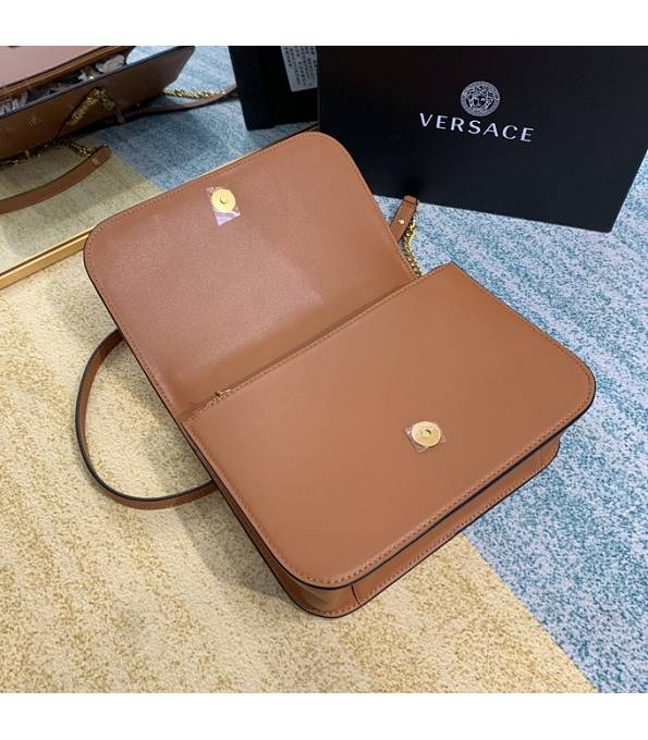 Versace Virtus Brown Original Plain Veins Leather Golden Metal Shoulder Bag-6
