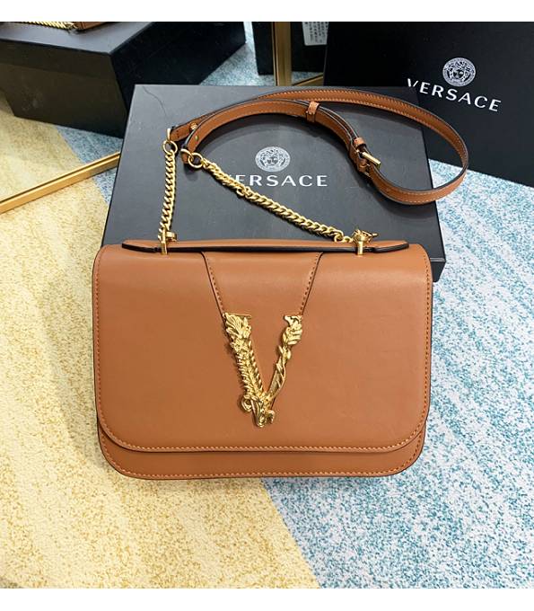Versace Virtus Brown Original Plain Veins Leather Golden Metal Shoulder Bag