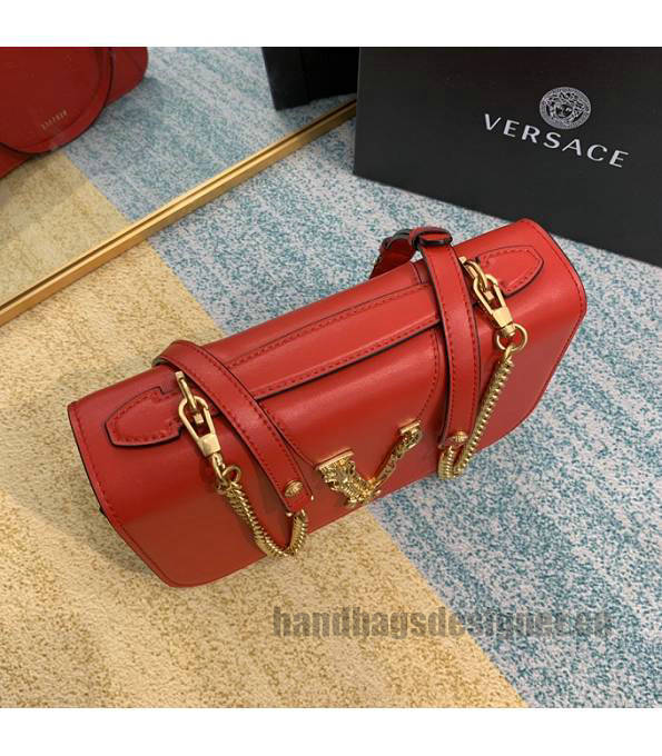 Versace Virtus Red Original Plain Veins Leather Golden Metal Shoulder Bag-2