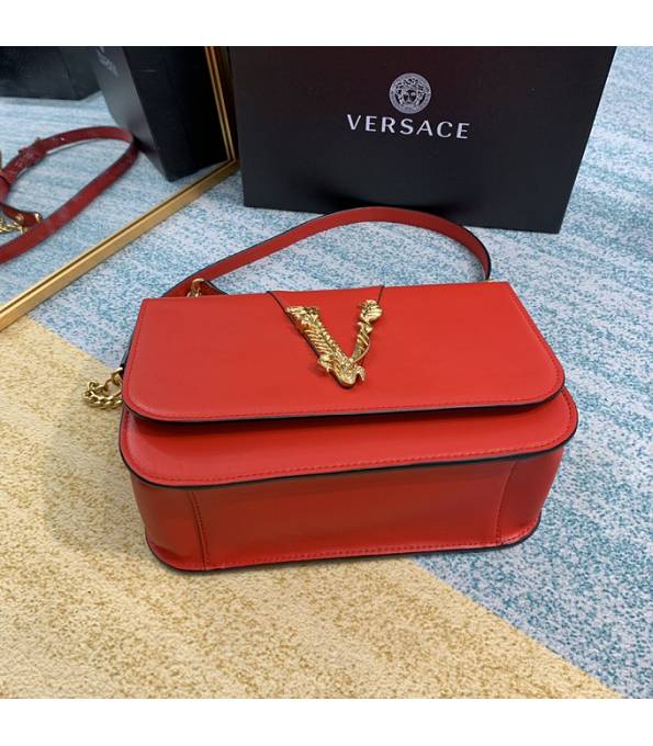 Versace Virtus Red Original Plain Veins Leather Golden Metal Shoulder Bag-8