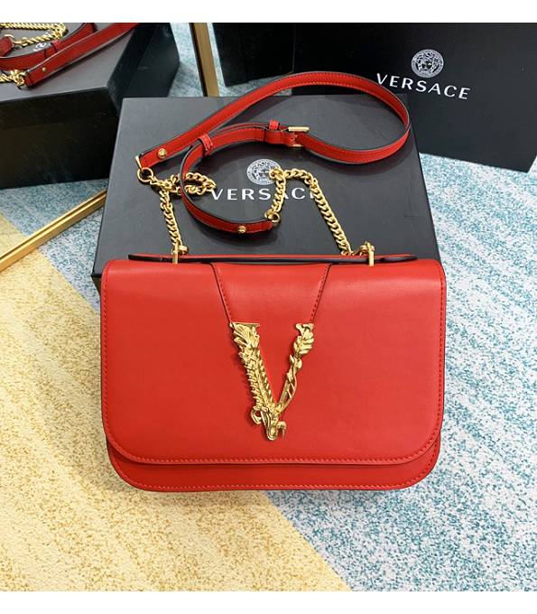 Versace Virtus Red Original Plain Veins Leather Golden Metal Shoulder Bag