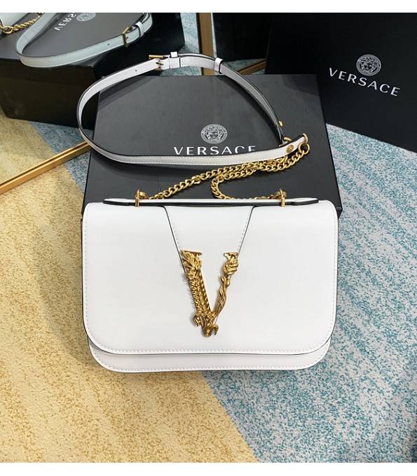 Versace Virtus White Original Plain Veins Leather Golden Metal Shoulder Bag