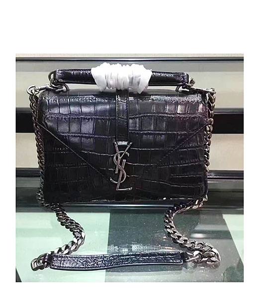 YSL Black Croc Veins Leather Silver Chains 24cm Top Handle Bag
