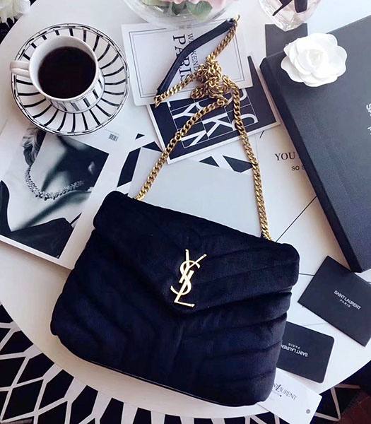 YSL Black Matelasse Velvet Leather Loulou Golden Chains 25cm Bag