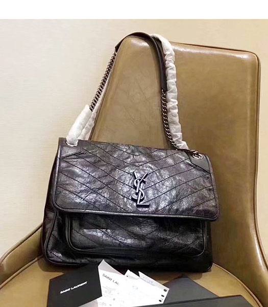YSL Black Oil Wax Calfskin Leather Silver Chains 32cm Shoulder Bag