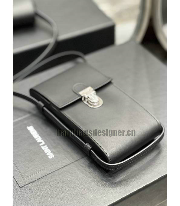 YSL Black Original Calfskin Leather Tuc Phone Pouch With Strap-4