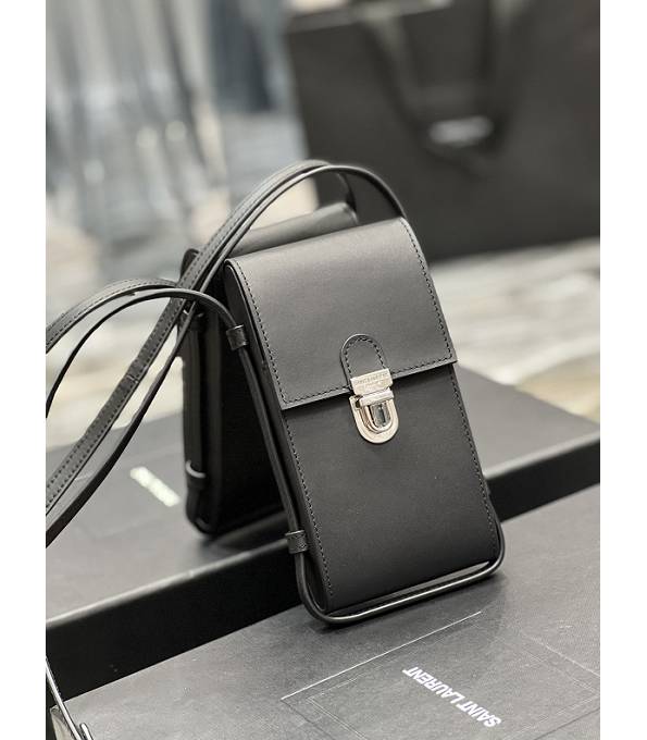 YSL Black Original Calfskin Leather Tuc Phone Pouch With Strap