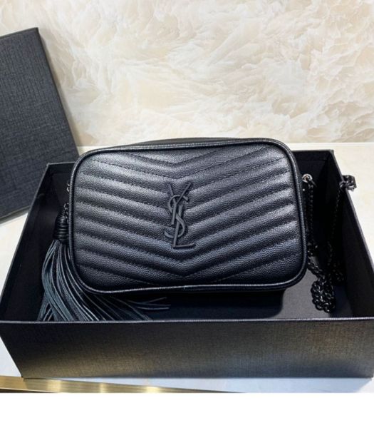 YSL Black Original Caviar Matelasse Leather Black Metal Tassel Mini Camera Crossbody Bag