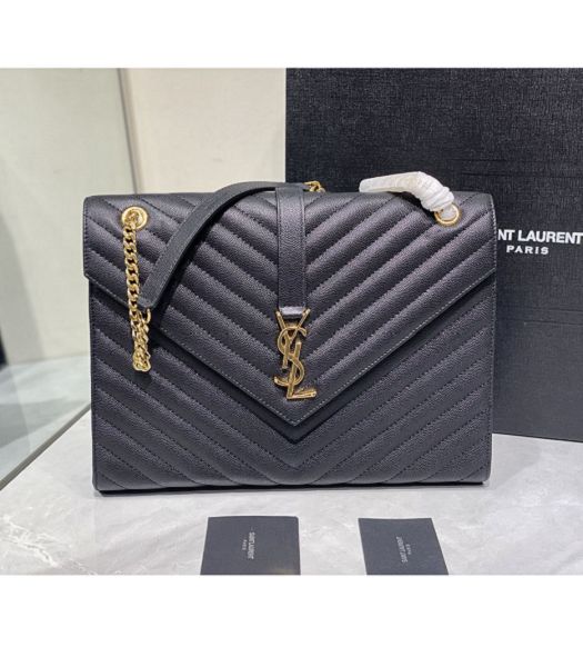 YSL Black Original Matelasse Embossed Caviar Leather Golden Metal Large Envelope Bag