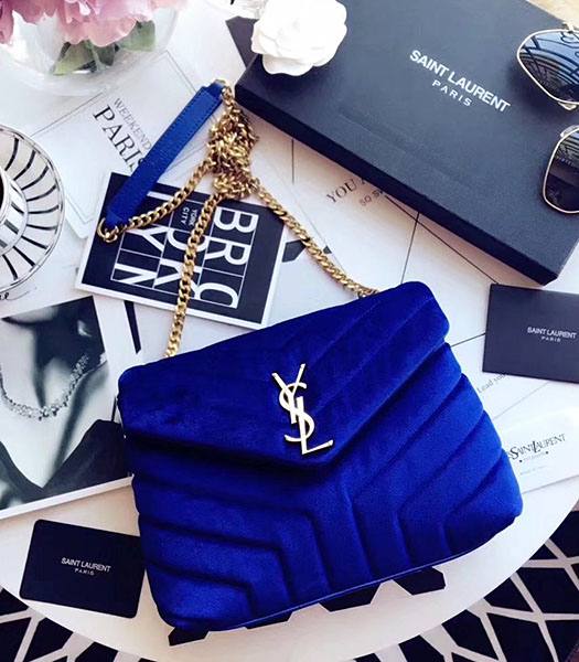 YSL Blue Matelasse Velvet Leather Loulou Golden Chains 25cm Bag