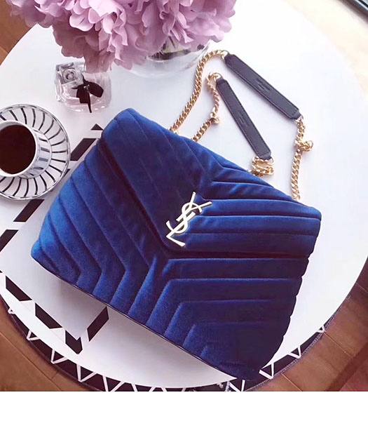 YSL Blue Matelasse Velvet Leather Loulou Golden Chains 30cm Bag