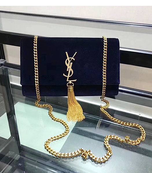 YSL Dark Blue Velvet Leather Golden Tassel Chains 24cm Shoulder Bag