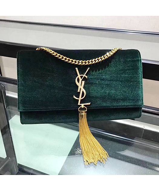 YSL Dark Green Velvet Leather Golden Tassel Chains 24cm Shoulder Bag