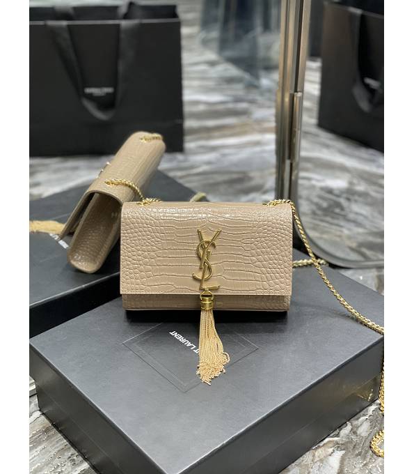 YSL Kate Apricot Original Croc Veins Leather Tassel Golden Chain 20cm Flap Bag