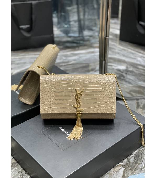 YSL Kate Apricot Original Croc Veins Leather Tassel Golden Chain 24cm Flap Bag